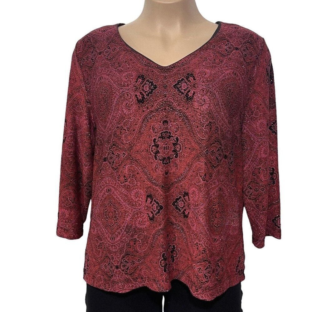 Vtg DRESS BARN Womens‎ Glittery Maroon Top Size 18/20 Paisley Christmas Party
